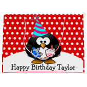 Feestpinguïn Happy Birthday Red Polka Dot Large Cadeautasje (Voorkant)