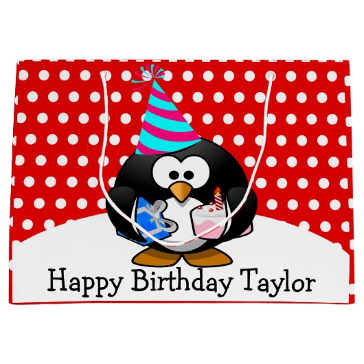 Feestpinguïn Happy Birthday Red Polka Dot Large Cadeautasje (Voorkant)
