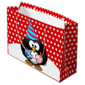 Feestpinguïn Happy Birthday Red Polka Dot Large Cadeautasje (Achterkant Gekanteld)