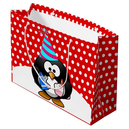 Feestpinguïn Happy Birthday Red Polka Dot Large Cadeautasje (Achterkant Gekanteld)