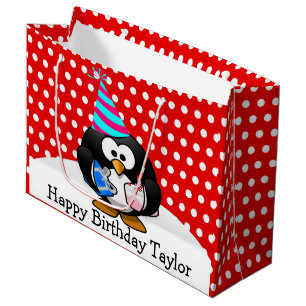 Feestpinguïn Happy Birthday Red Polka Dot Large Cadeautasje