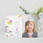 Feestpinguïn Verjaardagsuitnodiging met foto Kaart (Staand voorkant)