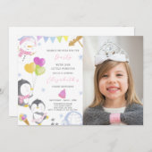 Feestpinguïn Verjaardagsuitnodiging met foto Kaart (Voorkant / Achterkant)