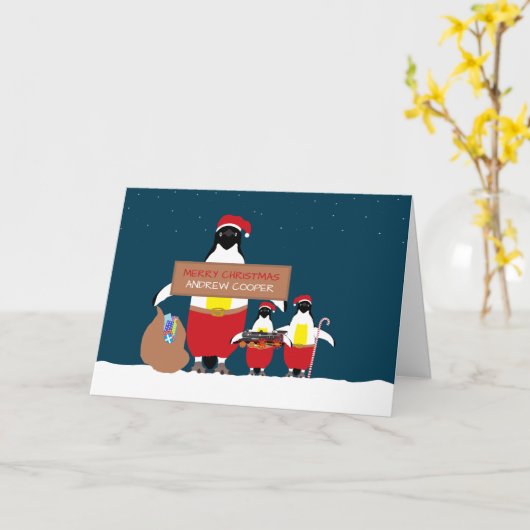 feestpinguïns, kerstgroet kaart (Gele Bloem)