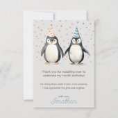 Feestpinguïns, waggel over de verjaardag van kinde bedankkaart (Voorkant)