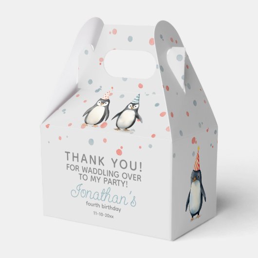 Feestpinguïns, waterverf, kinderverjaardag bedankdoosjes (Voorkant Zijde)