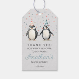 Feestpinguïns, waterverf, kinderverjaardag cadeaulabel