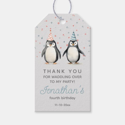 Feestpinguïns, waterverf, kinderverjaardag cadeaulabel (Voorkant)