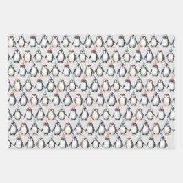 Feestpinguïns, waterverf, kinderverjaardag inpakpapier vel