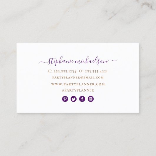 Feestplanner Paarse gouden ballon Visitekaartje (Achterkant)