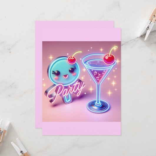 Feesttijd Neon Roze Kaart (Voorkant / Achterkant in situ)