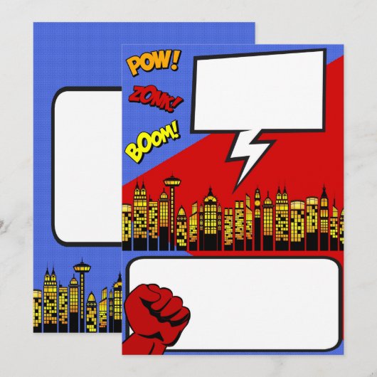 feestuitnodiging: superheldenverjaardag kaart (Voorkant / Achterkant)