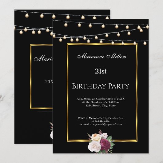 Feestverlichting met rozen zwart voor 21e verjaard kaart (Voorkant / Achterkant)