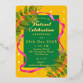 Feestviering Kerst Geel Groen Folie Uitnodiging (Voorkant)