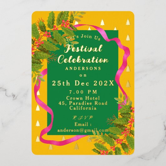 Feestviering Kerst Geel Groen Folie Uitnodiging (Voorkant)