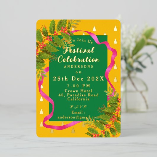 Feestviering Kerst Geel Groen Folie Uitnodiging (Staand Voorkant)