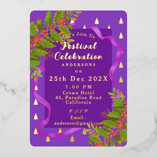 Feestviering Kerst Paarse Folie Uitnodiging (Voorkant)