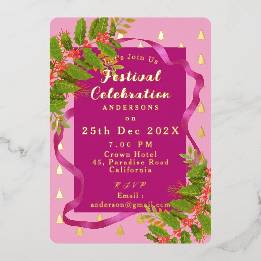 Feestviering Kerst Roze Rood Folie Uitnodiging (Voorkant)