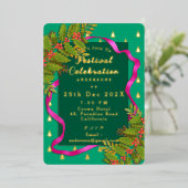 Feestviering Kerstgroen Folie Uitnodiging (Staand Voorkant)