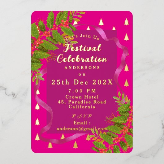 Feestviering Kerstrood Folie Uitnodiging (Voorkant)