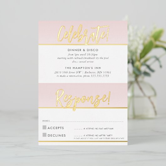 FEESTVIERING & REACTIE KAART roze goud (Staand Voorkant)