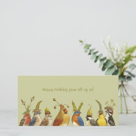 Feestvogels op de gelukkige verjaardag van ons all (Staand voorkant)