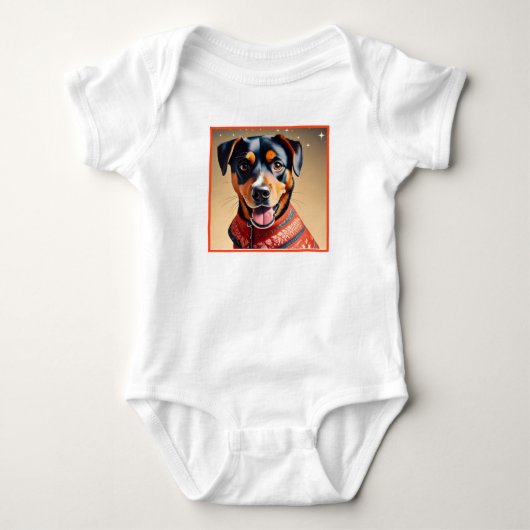 Feestvreugde: Aangename Rottweiler Mix in Rode Tru Romper (Voorkant)