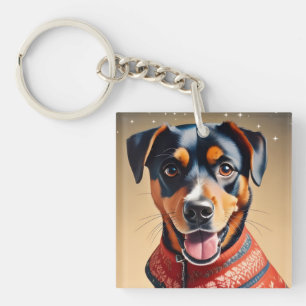 Feestvreugde: Knusse Rottweiler Mix in Rode Trui Sleutelhanger