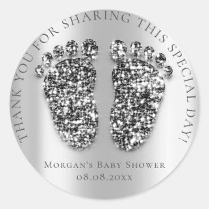 Feet Baby shower Favor Dank Glitter Silver Grey Ronde Sticker