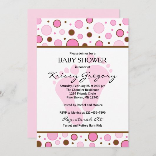 Feet en Stippen Roze babyschoeisel Kaart (Voorkant / Achterkant)