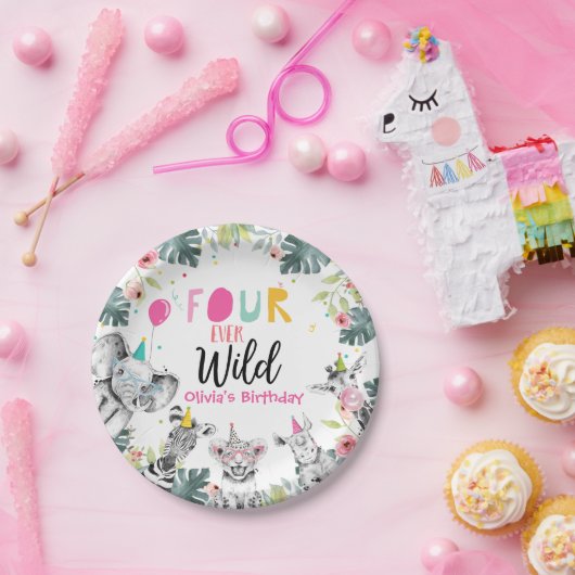 Feitelijke dieren Safari Girl Pink Vier Wild Birth Papieren Bordje (Feest)