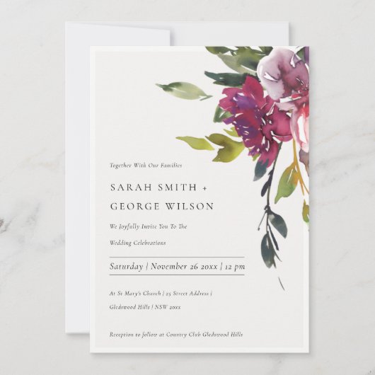 Fel Geel Blush Bourgondië Bloemige Trouw Uitnodigi Bedankkaart (Voorkant)