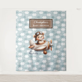 Fel geklede teddybeer piloot babyshower fotobord wandkleed