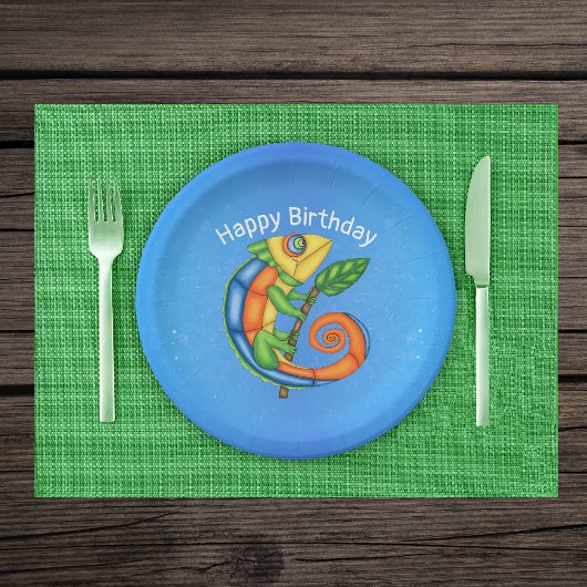 Fel gekleurde Cartoon Hagedis Leaf Verjaardag Papieren Bordje