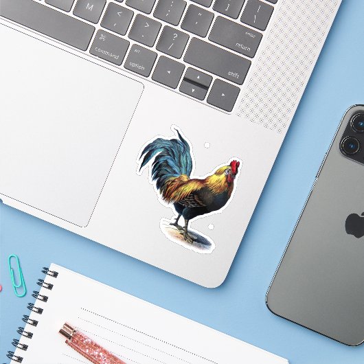 Fel gekleurde haan sticker (Laptop met iPhone)