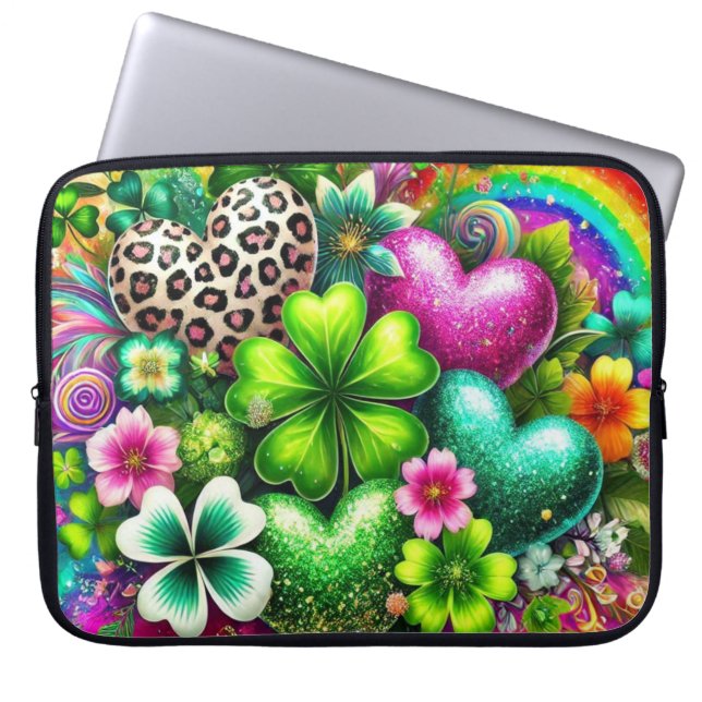 FEL GEKLEURDE IERSE HARTEN SHAMROCKS & FLOWERS LAPTOP SLEEVE (Voorkant)