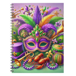 FEL GEKLEURDE MARDI GRAS MASKER PET KRALEN VEER NOTITIEBOEK