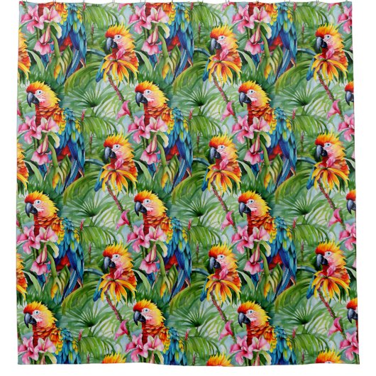 Fel gekleurde papegaaien en tropische bloemen douchegordijn (Voorkant)