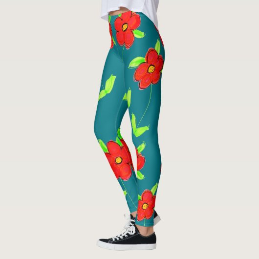 Fel gekleurde rood bloemige turqoisue Leggings (Links)