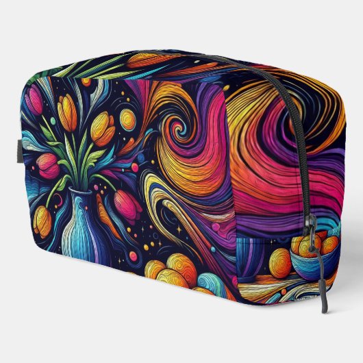 Fel gekleurde tulpen in een vaas toilettasje (Rechterhoek)