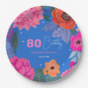 Fel party met heldere wilde bloemen roze blauw papieren bordje