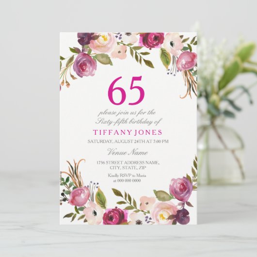 Fel Roze Botanische Bloemen 65e Verjaardagsuitnodi Kaart (Staand voorkant)