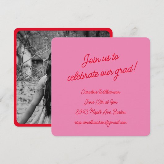 Fel Roze Rode Script Foto Chic Afstudeerfeest Kaart (Voorkant / Achterkant)