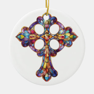 FELGEKLEURD GLAZEN IN LOOD KRUIS KERAMISCH ORNAMENT