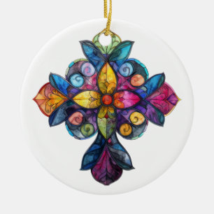 FELGEKLEURD GLAZEN IN LOOD KRUIS KERAMISCH ORNAMENT