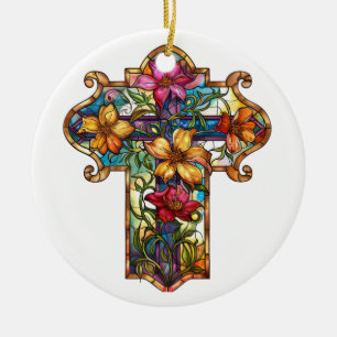 FELGEKLEURD GLAZEN IN LOOD KRUIS KERAMISCH ORNAMENT