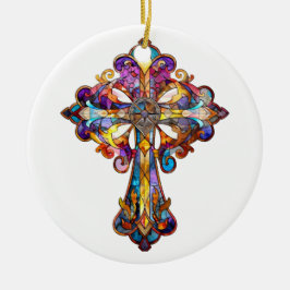 FELGEKLEURD GLAZEN IN LOOD KRUIS KERAMISCH ORNAMENT