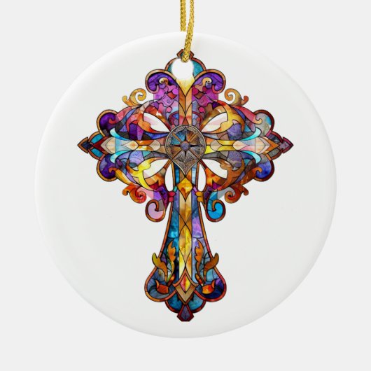 FELGEKLEURD GLAZEN IN LOOD KRUIS KERAMISCH ORNAMENT (Voorkant)