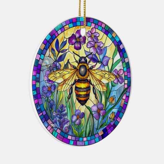 FELGEKLEURDE GLAZEN IN LOOD HONINGBIJ KERAMISCH ORNAMENT (Rechts)