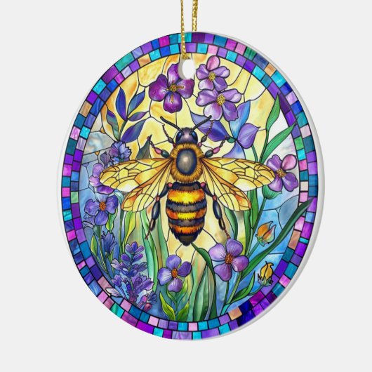 FELGEKLEURDE GLAZEN IN LOOD HONINGBIJ KERAMISCH ORNAMENT (Links)